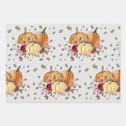Herfst Floral Pumpkins Eucalyptus Leaves Greenery Inpakpapier Vel (Voorkant)