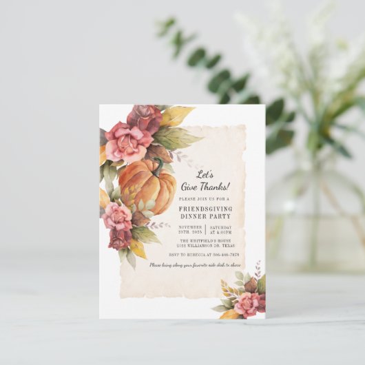 Herfst Floral Rustic Pumpkin Friendsgiving Kaart (Staand voorkant)