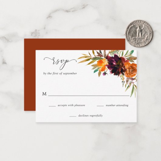 Herfst Floral Rustic Wedding Mini RSVP-kaart Notitiekaartje (Voorkant / Achterkant in situ)