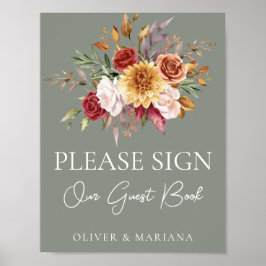Herfst Floral Sage Groene Bruiloft Gast Boek teken Poster