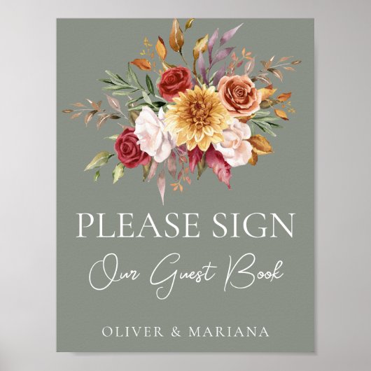 Herfst Floral Sage Groene Bruiloft Gast Boek teken Poster (Voorkant)