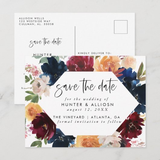 Herfst Floral Save the Date Briefkaart (Voorkant / Achterkant)