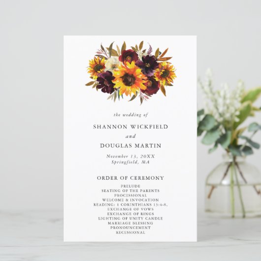 Herfst Floral Sunflower Rustic Wedding Programme (Staand voorkant)