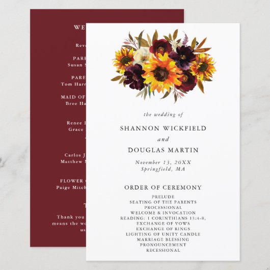 Herfst Floral Sunflower Rustic Wedding Programme (Voorkant / Achterkant)