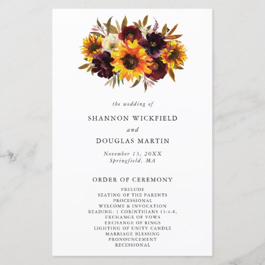 Herfst Floral Sunflower Rustic Wedding Programme (Voorkant)