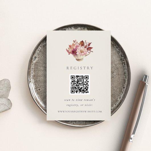 Herfst Floral Teacup Vrijgezellenfeest Registry QR Informatiekaartje