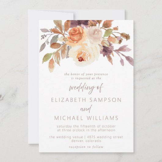 Herfst Floral Terracotta Plum Huwelijksuitnodiging Kaart (Voorkant)