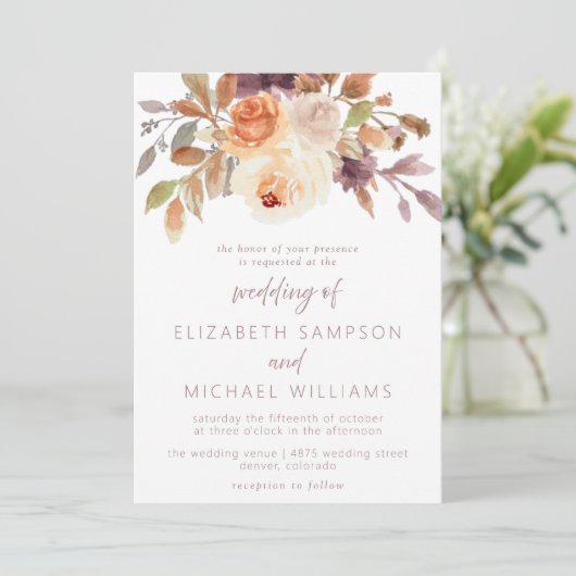 Herfst Floral Terracotta Plum Huwelijksuitnodiging Kaart (Staand voorkant)