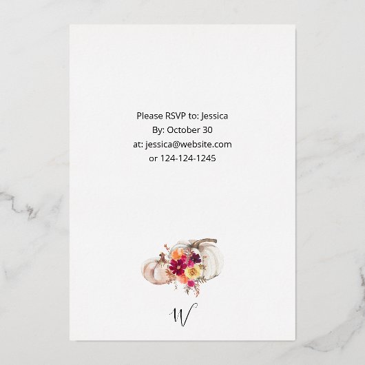 Herfst Floral Thanksgiving witte pompoen Folie Uitnodiging (Achterkant)