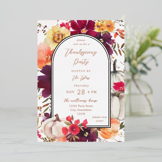 Herfst Floral Thanksgiving witte pompoen Folie Uitnodiging (Staand Voorkant)