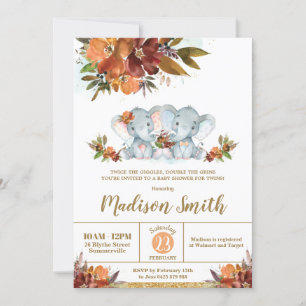 Herfst Floral Twins Boy Girl Elephants Baby shower Kaart