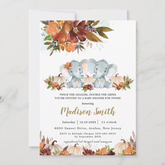 Herfst Floral Twins Boy Girl Elephants Baby shower Kaart (Voorkant)