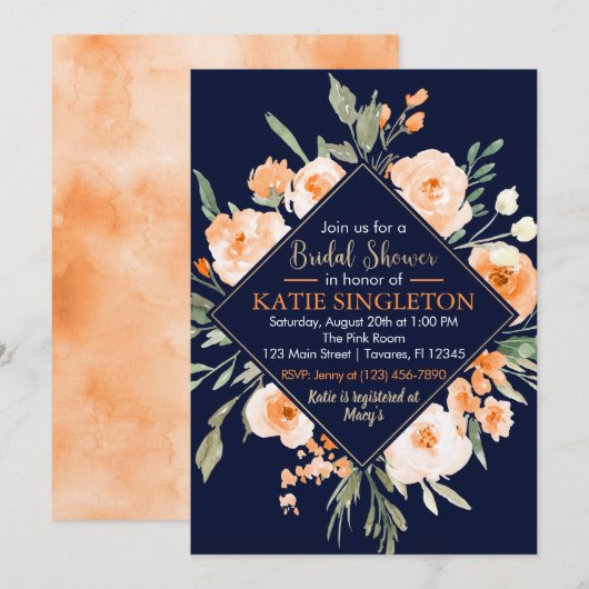 Herfst Floral Vrijgezellenfeest Navy & Oranje Uitn Kaart (Voorkant / Achterkant)