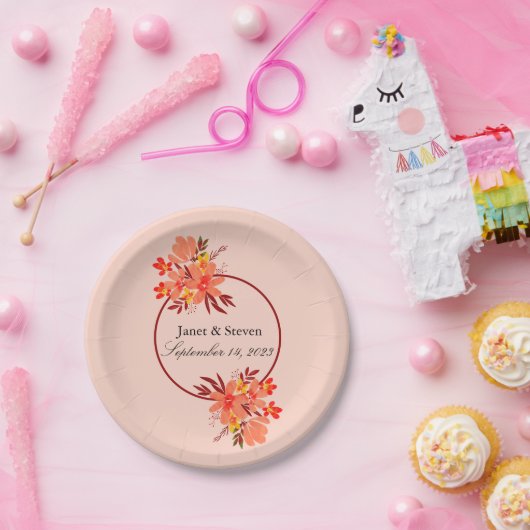 Herfst Floral Wedding Oranje Gold Brown Papieren Bordje (Feest)