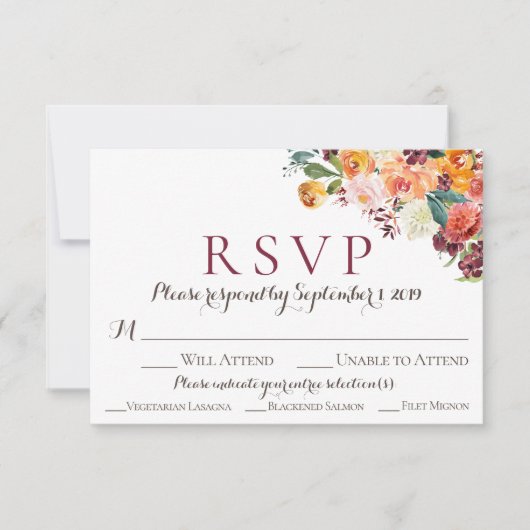 Herfst Floral Wedding RSVP-kaarten met maaltijdopt RSVP Kaartje (Voorkant)