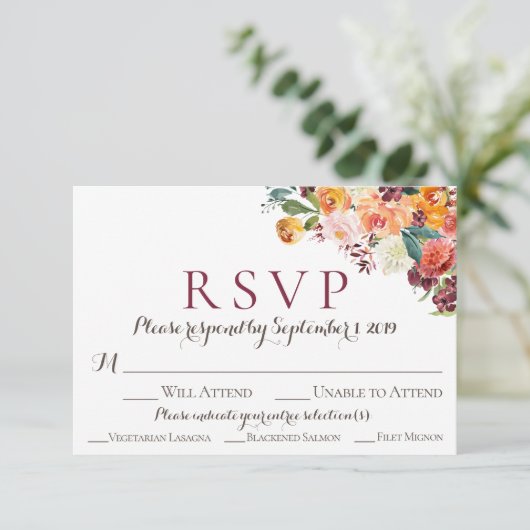 Herfst Floral Wedding RSVP-kaarten met maaltijdopt RSVP Kaartje (Staand voorkant)