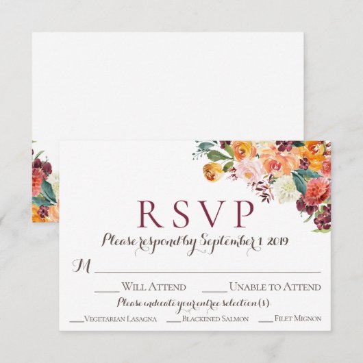 Herfst Floral Wedding RSVP-kaarten met maaltijdopt RSVP Kaartje (Voorkant / Achterkant)