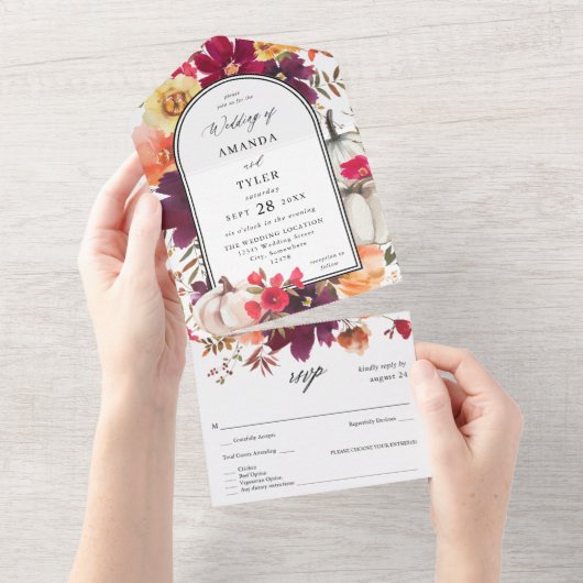 Herfst Floral Wedding White Pumpkin All In One Uitnodiging (Afscheurbaar)