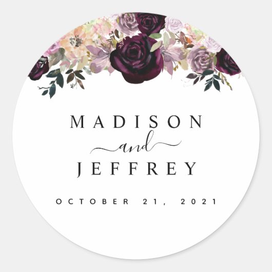 Herfst Floral Wedding Wine Plum Mauve Ronde Sticker (Voorkant)