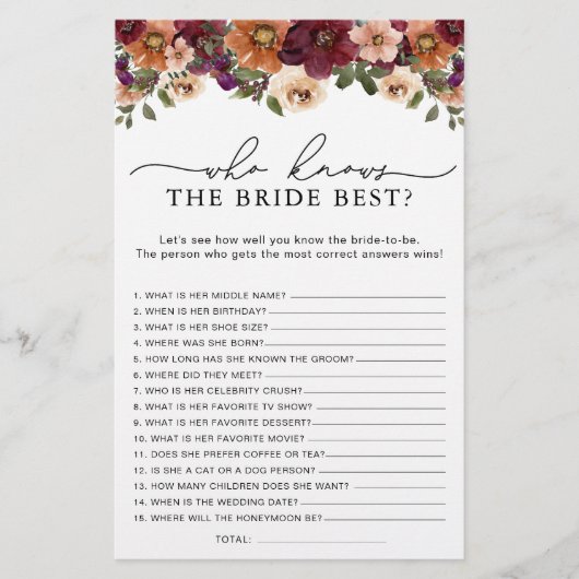 Herfst Floral Who Knows Bride het beste douchegame (Voorkant)