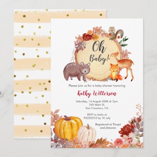 Herfst Floral Woodland Baby shower Uitnodiging (Voorkant / Achterkant)