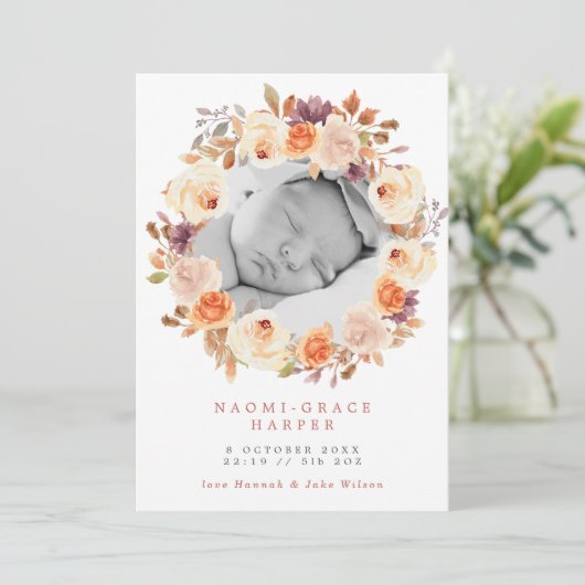 Herfst Floral Wreath Terracotta & Paarse Foto Birt Aankondiging (Staand voorkant)