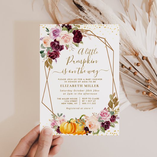 herfst florale baby shower met pompoenbes kaart