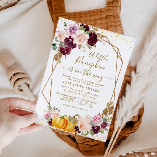 herfst florale baby shower met pompoenbes kaart