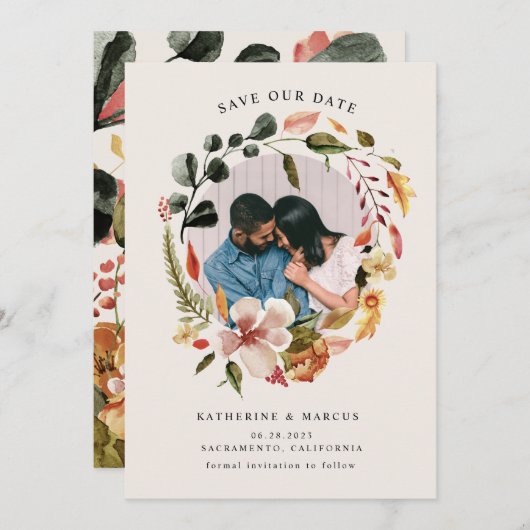 herfst florale spiegel bespaart datumUitnodiging Kaart (Voorkant / Achterkant)