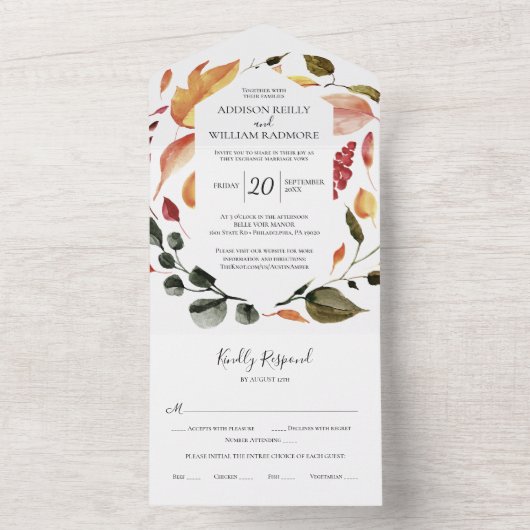 Herfst Florals Black All in One Wedding Invite Uitnodiging (Binnen)