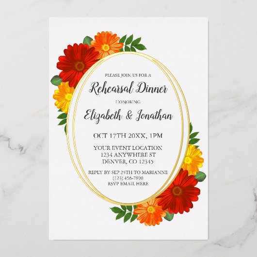 Herfst Florals Rehearsal Dinner Folie Uitnodiging (Voorkant)