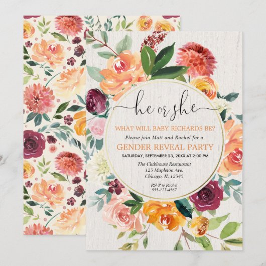 Herfst floro rustic weesgender onthullen uitnodigi kaart (Voorkant / Achterkant)