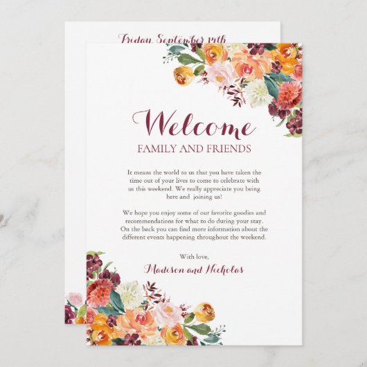 Herfst Flower Wedding Hotel Welcome Cards, Oranje Programmakaart (Voorkant / Achterkant)