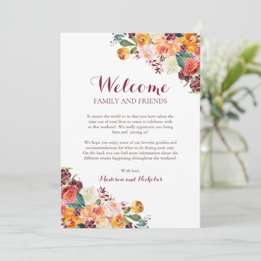 Herfst Flower Wedding Hotel Welcome Cards, Oranje Programmakaart (Staand voorkant)