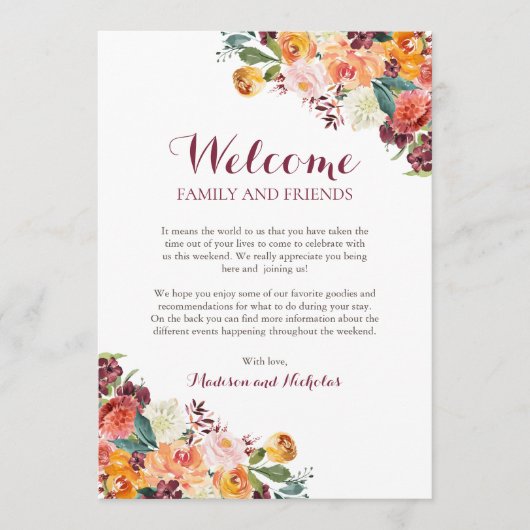Herfst Flower Wedding Hotel Welcome Cards, Oranje Programmakaart (Voorkant)