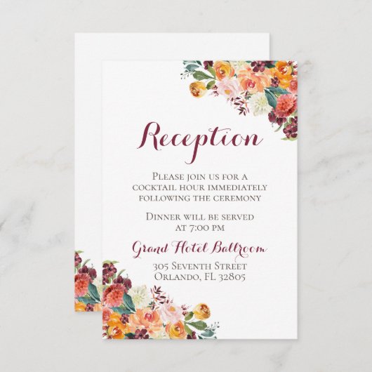 Herfst Flower Wedding Reception Cards, Oranje maro Informatiekaartje (Voorkant / Achterkant)