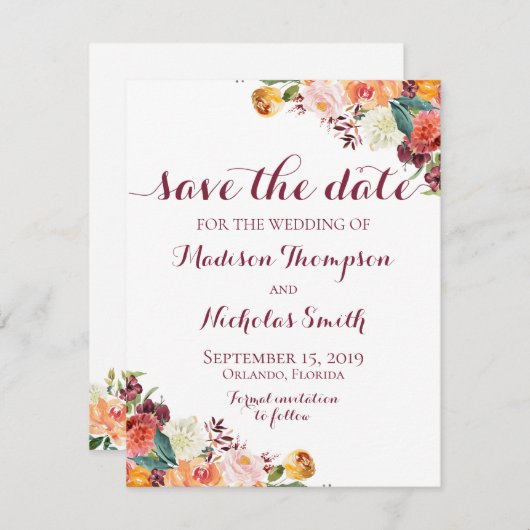 Herfst Flower Wedding Sla de datum Kaart, Sinaasap Save The Date (Voorkant / Achterkant)