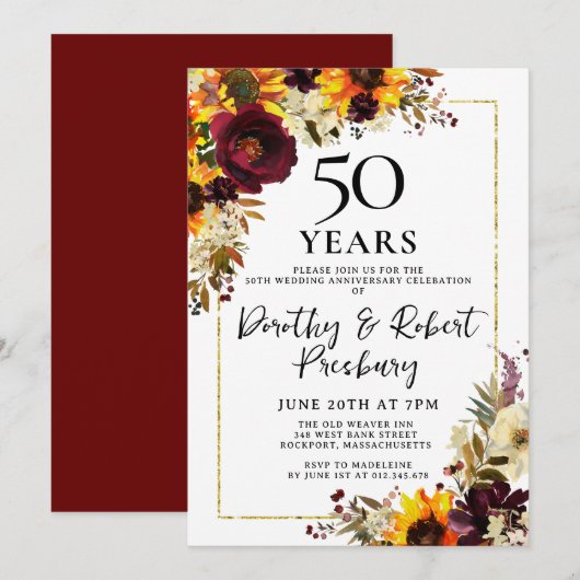 Herfst Flowers 50th Wedding Jubileum Party Kaart (Voorkant / Achterkant)