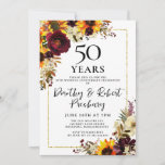 Herfst Flowers 50th Wedding Jubileum Party Kaart<br><div class="desc">Rustige herfst versiert een dun goudlijst. Bourgogne rode bloemen,  diepe gele zonnebloemen,  witte bloemen allemaal creëer een mooie bloementeelt. 50 jaar staat bovenaan de uitnodiging . De namen van het herdenkingskoppel zijn geschreven in een moderne trendy tekst.</div>