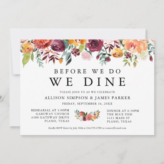 Herfst Flowers Boho Rehearsal Dinner Invitation Kaart (Voorkant)