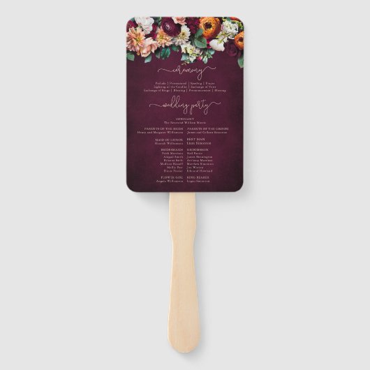 Herfst Flowers Burgundy Wedding Ceremony Program H Handwaaier (Achterkant)