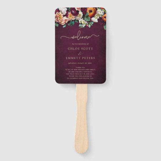 Herfst Flowers Burgundy Wedding Ceremony Program H Handwaaier (Voorkant)