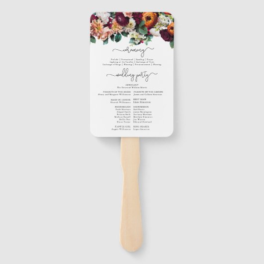 Herfst Flowers Burgundy Wedding Ceremony Program Handwaaier (Achterkant)