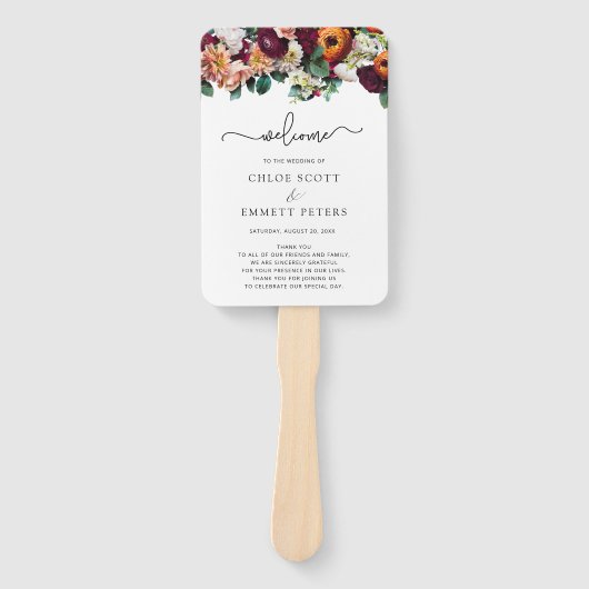 Herfst Flowers Burgundy Wedding Ceremony Program Handwaaier (Voorkant)