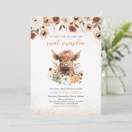 Herfst Flowers Highland Koe Baby shower Kaart (Staand voorkant)