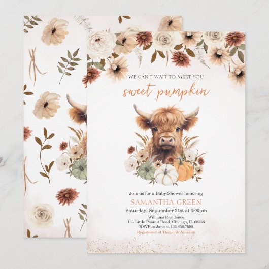 Herfst Flowers Highland Koe Baby shower Kaart (Voorkant / Achterkant)