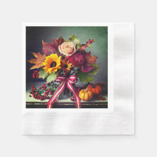 Herfst Flowers & Rood/Wit Lint, Cocktailpapier Servet