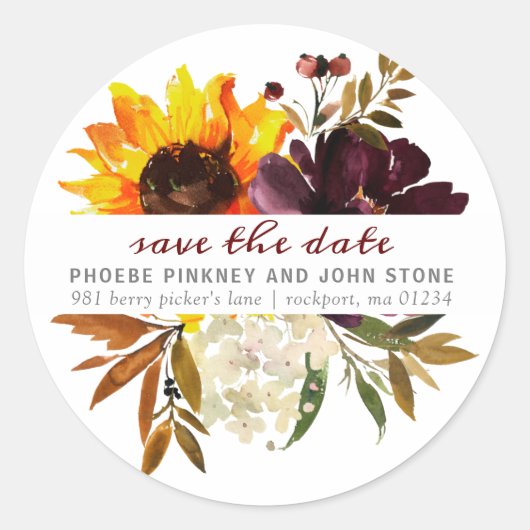 Herfst Flowers Sla de datum op Retouradreslabel Ronde Sticker (Voorkant)