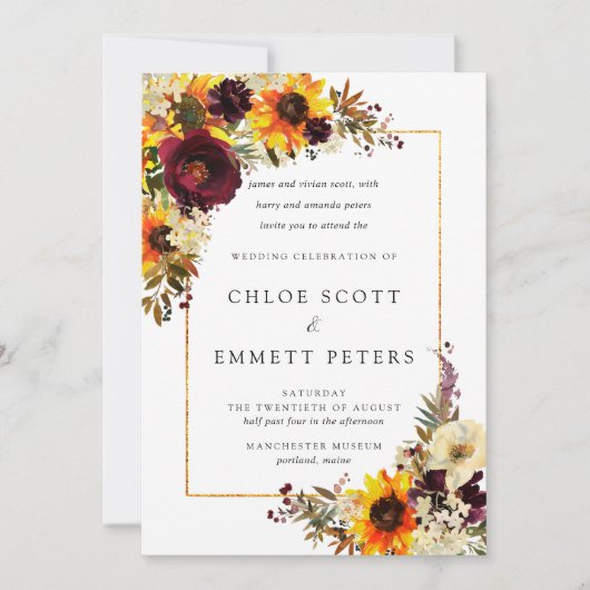 Herfst Flowers Sunflower Roos Rustic Wedding Kaart (Voorkant)