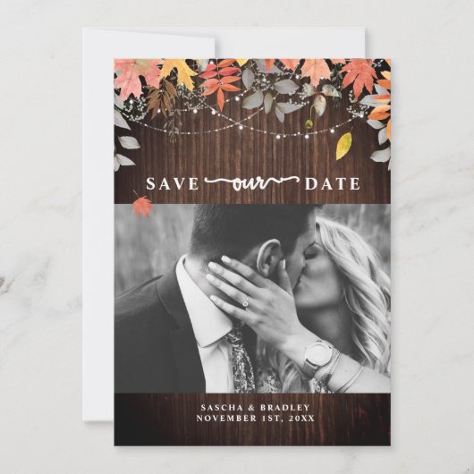 Herfst Foliage Autumn Wedding Wood Licht Foto Save The Date (Voorkant)